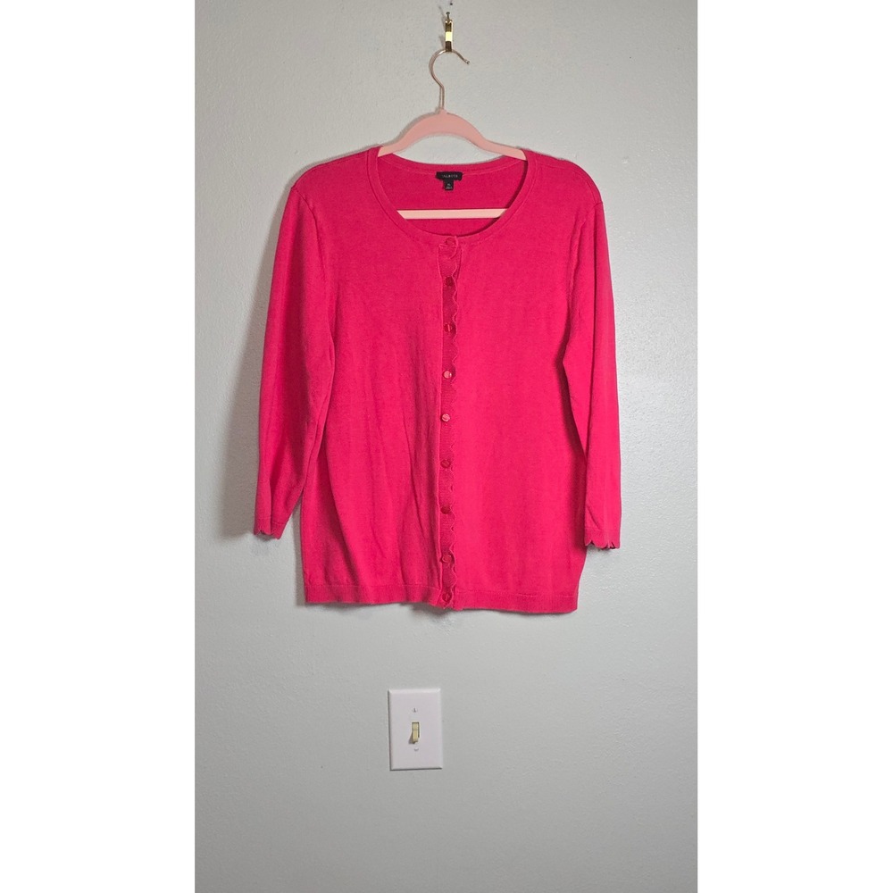 Talbots Hot Pink Scalloped Trim Button Front Cardigan XL 3/4 Sleeve Knit Sweater